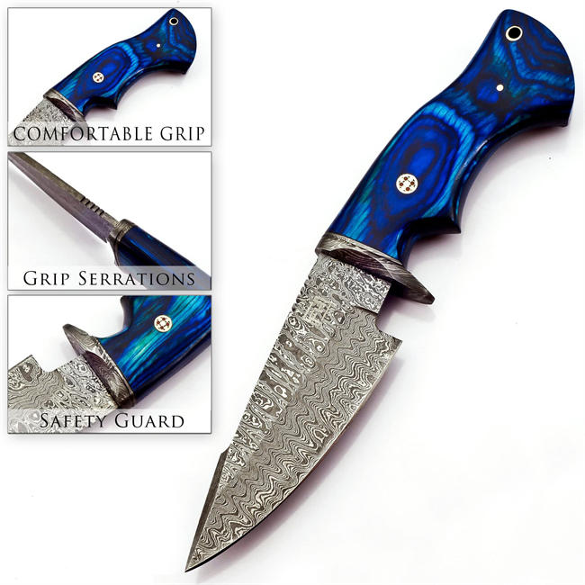 10-inch Handmade Damascus hunting knife with leather sheath Fixed blade knife for men Ergonomic Blue wood handle